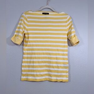 Lauren Ralph Lauren Shirt Striped Boat Neck Top Cuff Sleeve Yellow White Women M
